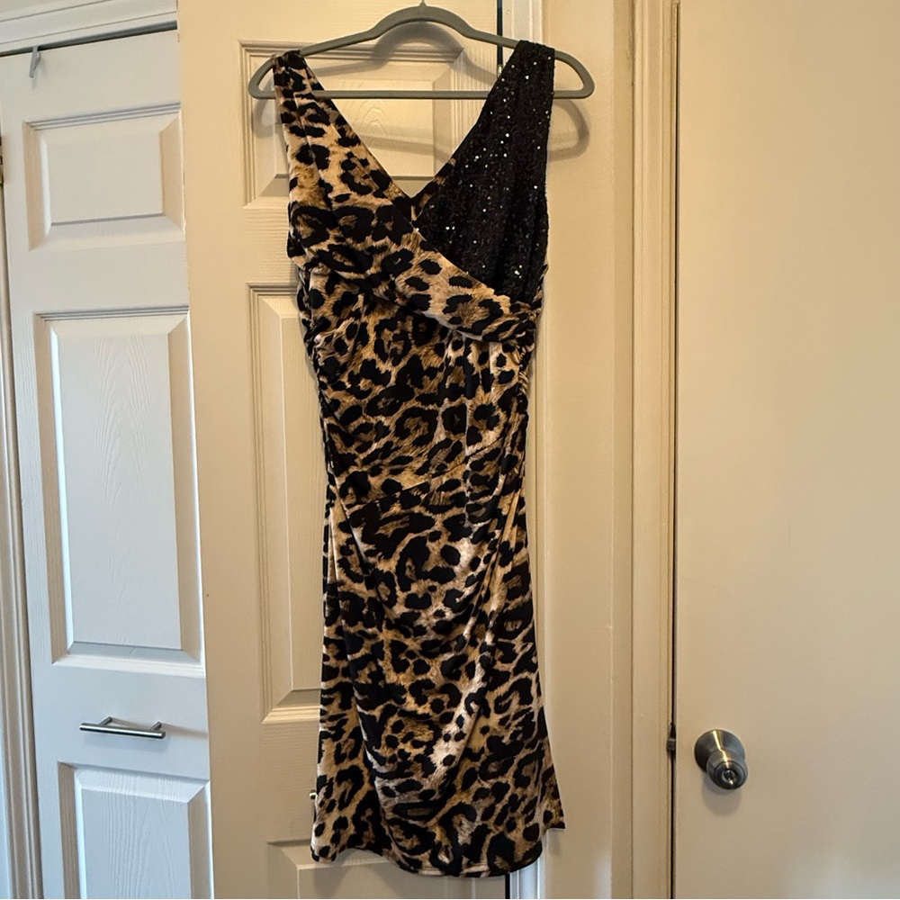 IMAN Global Chic Shirred Faux Wrap Leopard and Sequin Cocktail Jersey Dress NWOT